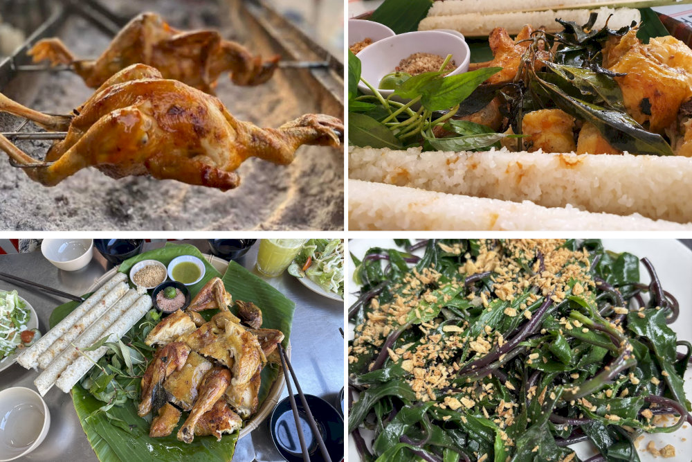 Gà nướng thấm vị, cơm lam dẻo thơm, chấm muối đậu phộng béo bùi và muối ớt cay mặn hài hòa 